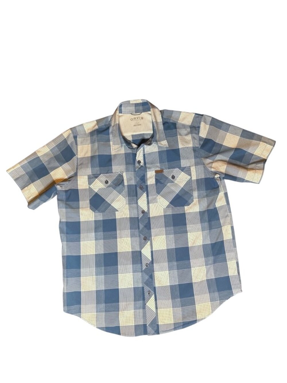 Orvis Short Sleeve Button Down Shirt Men’s Large Blue Plaid Lightweight Outdoor